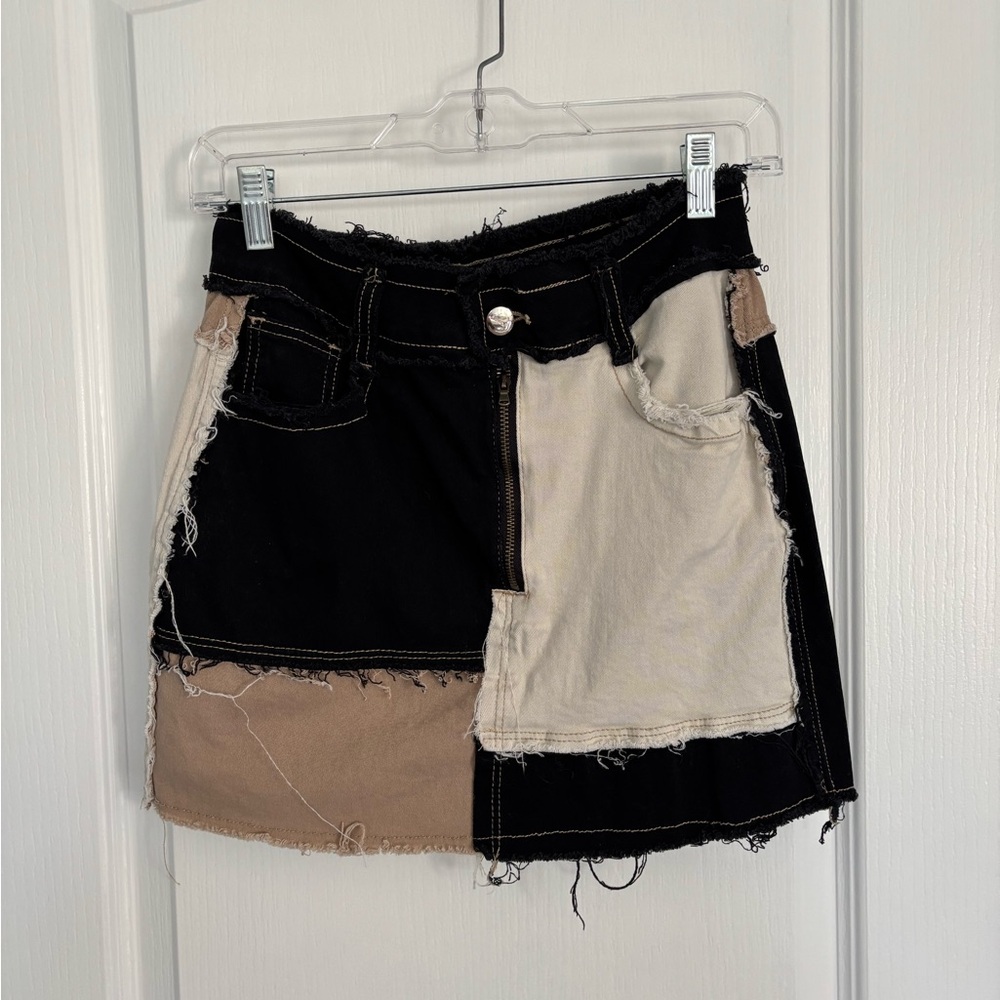 Patchwork Mini Skirt in Black, Cream, and Tan